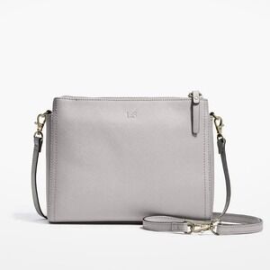 NEW Lo & Sons Pearl Double-Zip Crossbody Saffiano Leather Light Grey